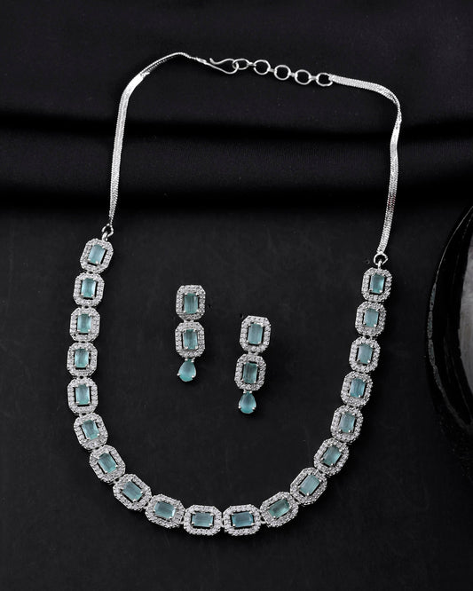 VOJ Silver Plated Sea Green Stone Studded Rectangular AD Jewellery Set | Grab2Buy