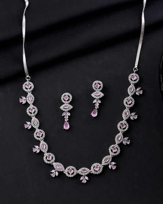 VOJ Silver Toned White And Baby Pink Stone Studded AD Jewellery Set - Swadesiicart