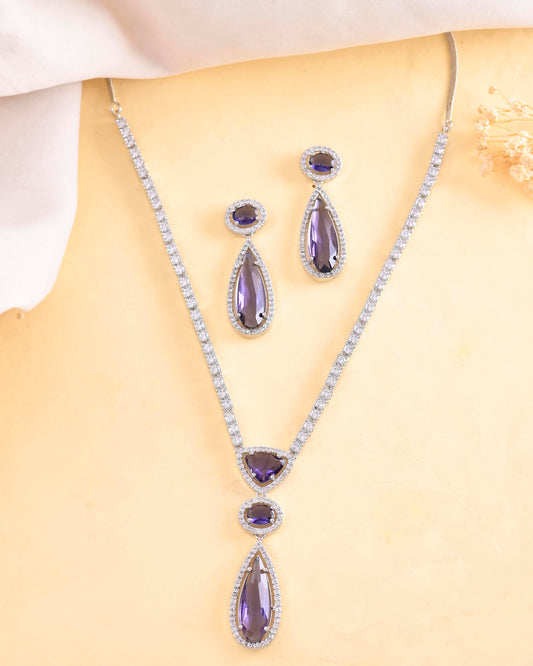 VOJ Silver Plated Purple AD & Cubic Zirconia Studded Necklace Set VOJ (Valley Of Jewellery)