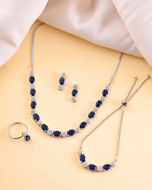 VOJ Silver Plated Blue Stone Studded Necklace Set With Ring And bracelet | Grab2Buy