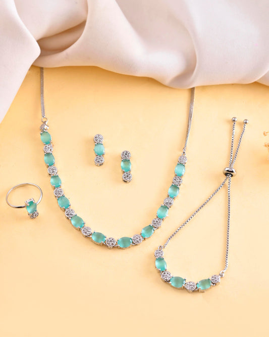 VOJ Silver Plated Teal Stone Studded Necklace Set With Ring And bracelet VOJ (Valley Of Jewellery)