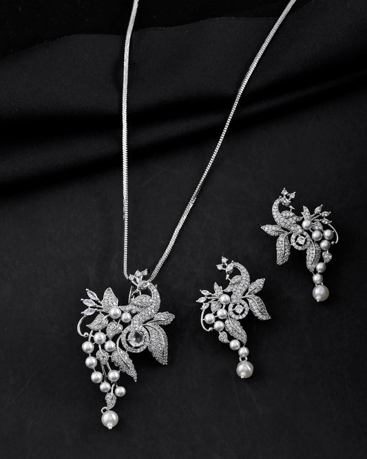 VOJ Silver Plated AD And Pear Studded Peacock Shaped Chain Set VOJ (Valley Of Jewellery)