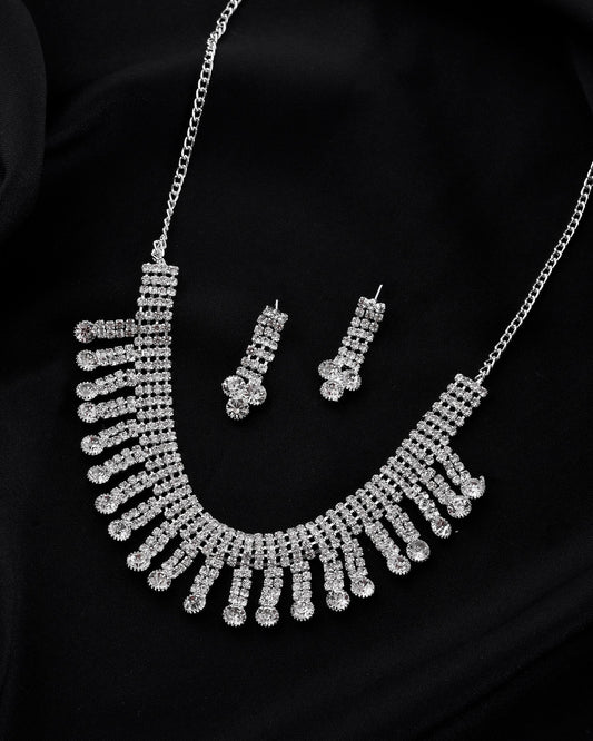 VOJ Silver Plated CZ Stone Studded Necklace Set - Swadesiicart