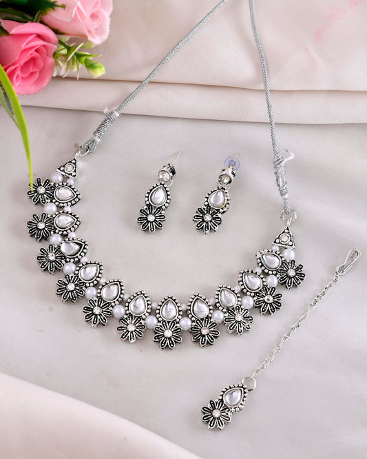 VOJ Oxidized Floral Designed Stone Studded Necklace Set | Grab2Buy