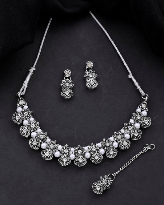 VOJ Oxidized Designer Stone Studded Jewellery Set VOJ (Valley Of Jewellery)