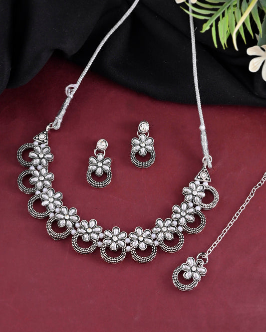 VOJ Oxidized Floral Stone Studded Necklace With Earrings Set | Grab2Buy