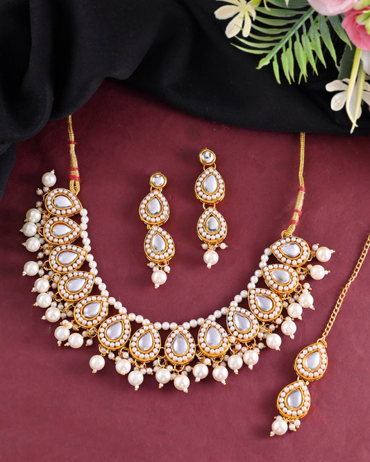 VOJ Gold-Polished Kundan Stones Studded Jewellery Set With Maang Tikka | Grab2Buy