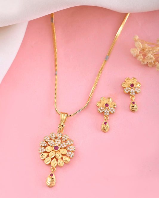 VOJ Gold-Polished Floral Shaped AD Stone Studded Chain Set | Grab2Buy