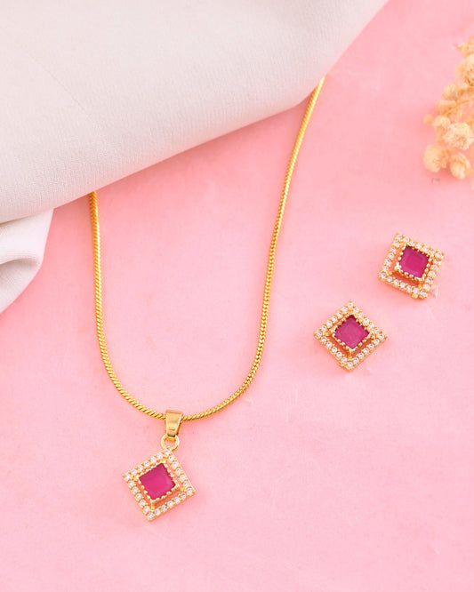 VOJ Gold-Polished Square Shaped Ruby Red Stone Studded Chain Set VOJ (Valley Of Jewellery)