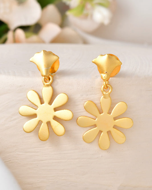 VOJ Gold Polished Anti Tarnish Flower Shaped Drop Earrings