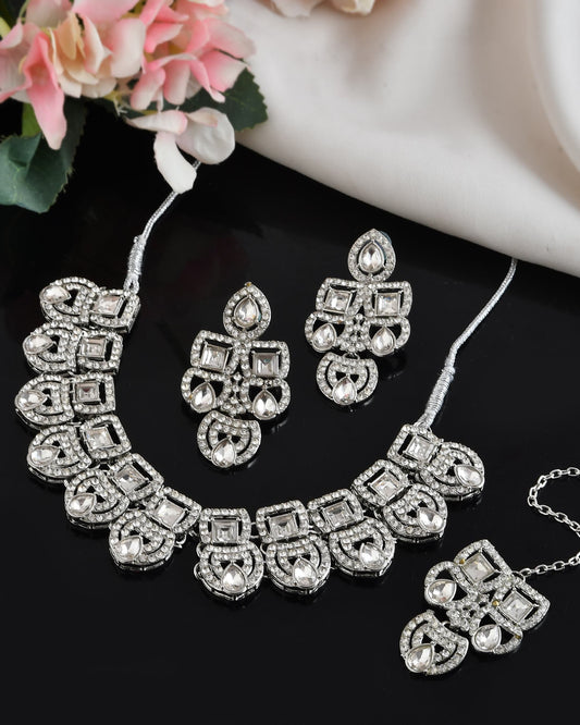 VOJ Silver - Plated American Diamond Studded Jewellery Set VOJ (Valley Of Jewellery)