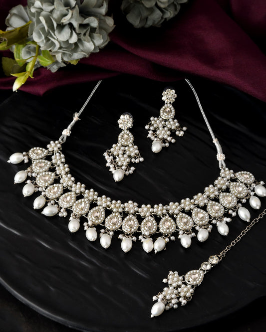 VOJ Silver-Plated CZ Stone And Pearl Necklace With Earrings And Maang Tikka Set | Grab2Buy