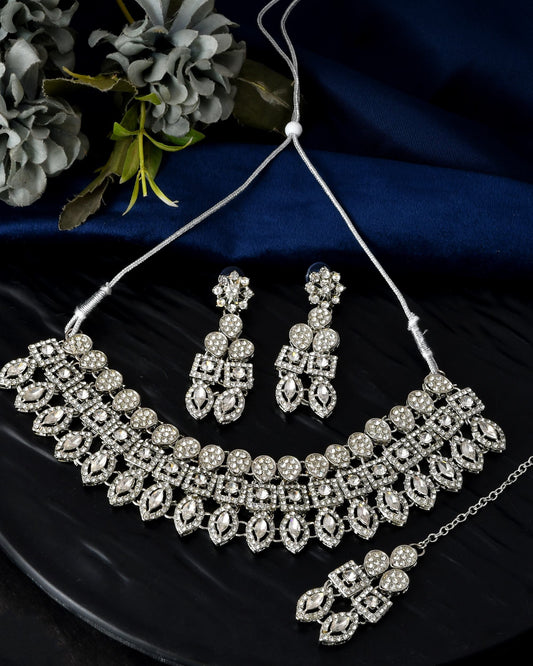 VOJ Silver-Plated AD Stone Studded Necklace With Earrings And Maang Tikka Set | Grab2Buy
