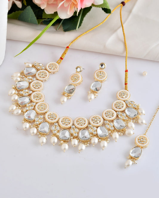 VOJ Gold Polished Artificial Beads And Stone Studded Necklace Set With Maang Tikka VOJ (Valley Of Jewellery)
