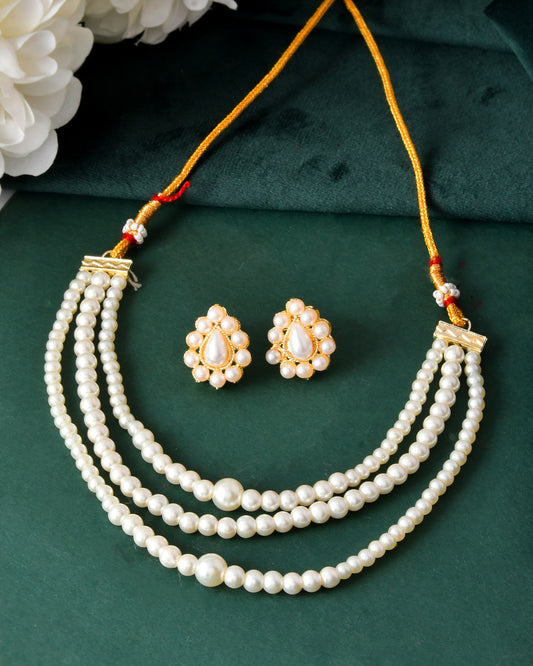 VOJ Gold Polished Artifical Pearl Mutli Layer Necklace And Earrings Set | Grab2Buy