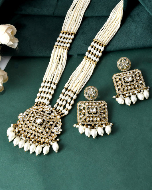 VOJ Copper-Toned Artificial Stone Studded Geometrical Long Necklace And Earrings Set VOJ (Valley Of Jewellery)