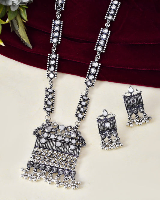 VOJ Oxidized Silver-Plated Stone-Studded Beaded Long Jewellery Set - Swadesiicart