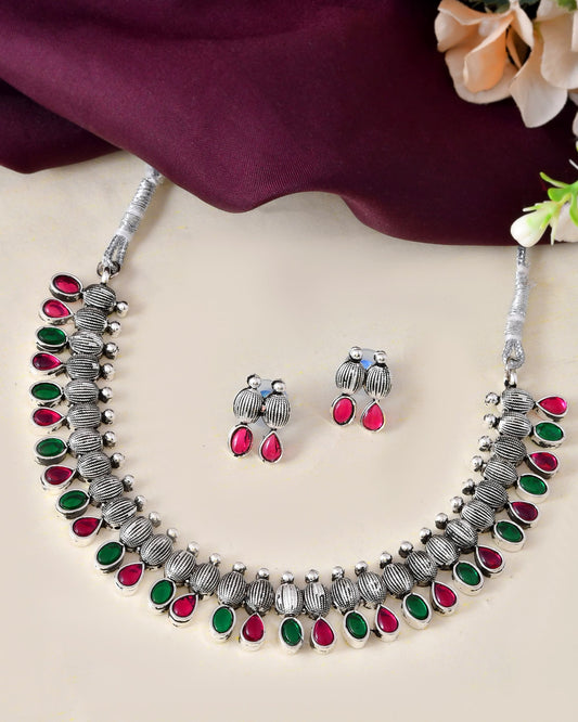 VOJ Oxidized Silver Toned Green And Pink Stone Studded Jewellery Set VOJ (Valley Of Jewellery)