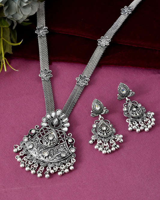 VOJ Oxidized Silver-Plated Artificial Beaded Long Jewellery Set | Grab2Buy