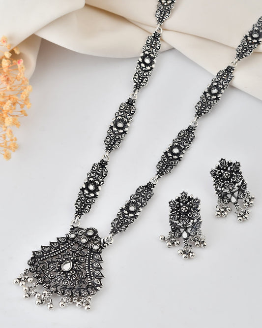 VOJ Oxidized Silver-Plated Artificial Stone And Beaded Long Jewellery Set | Grab2Buy
