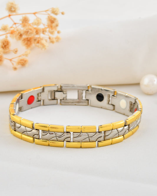 VOJ Silver And Gold Polished Textural Designed Linked Shaped Men's Bracelet | Grab2Buy