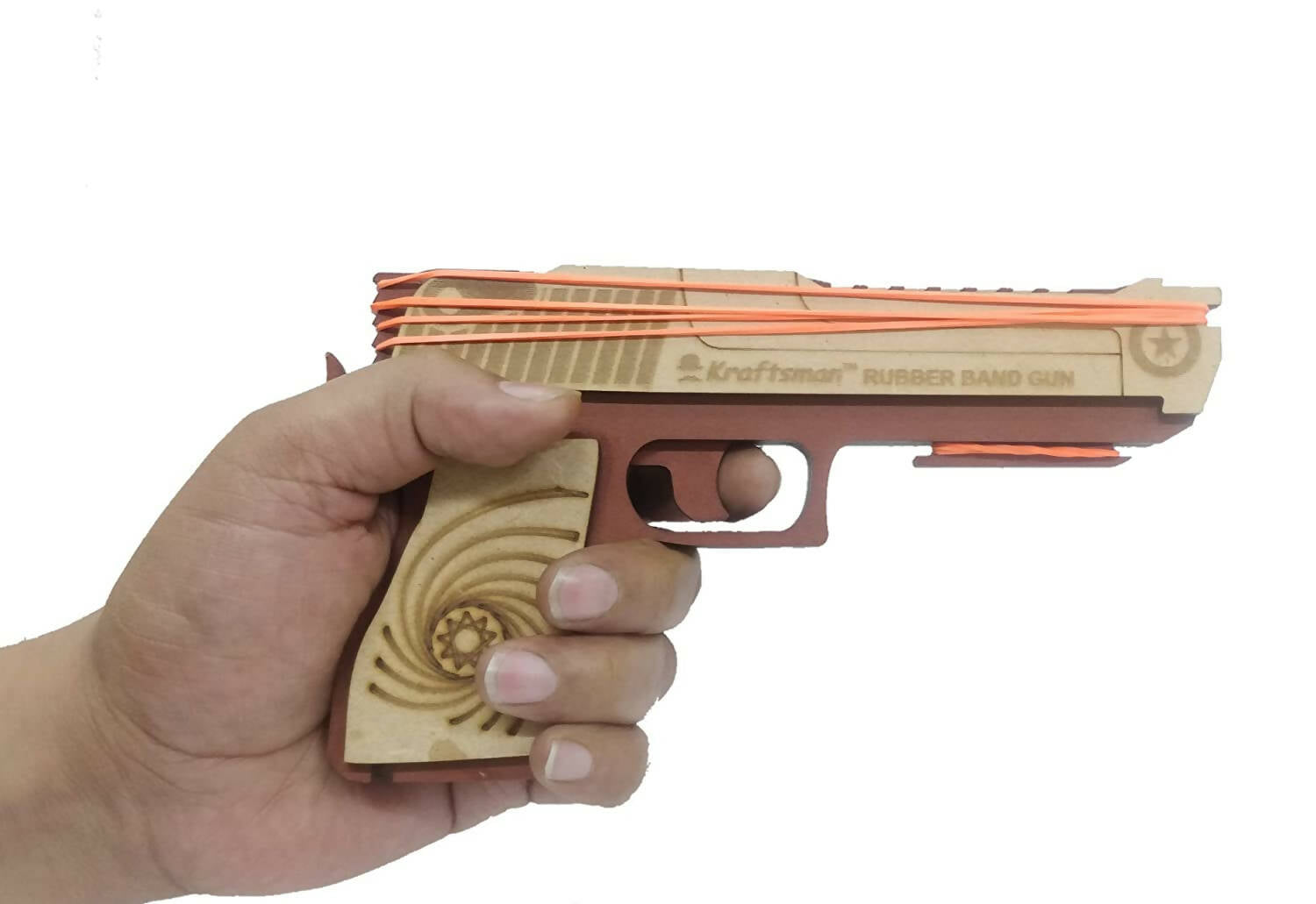 Kraftsman Kraftsman Semi-Automatic Wooden Rubber Band Shooting Gun Toys for Kids & Adults with Target | 5 Rapid Fire Shots (Dark Brown) - Grab2buy