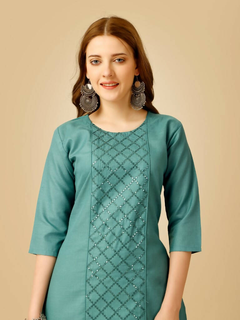 Aastha Fashion Women's Teal Cotton Blend Embroidered Kurta Pant Set - Grab2buy