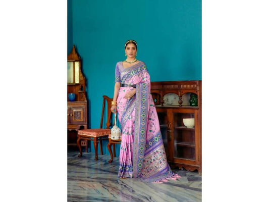 Aastha Fashion Women's Baby Pink Paithani Silk Meenakari Zari Woven Saree with Blouse - Grab2buy