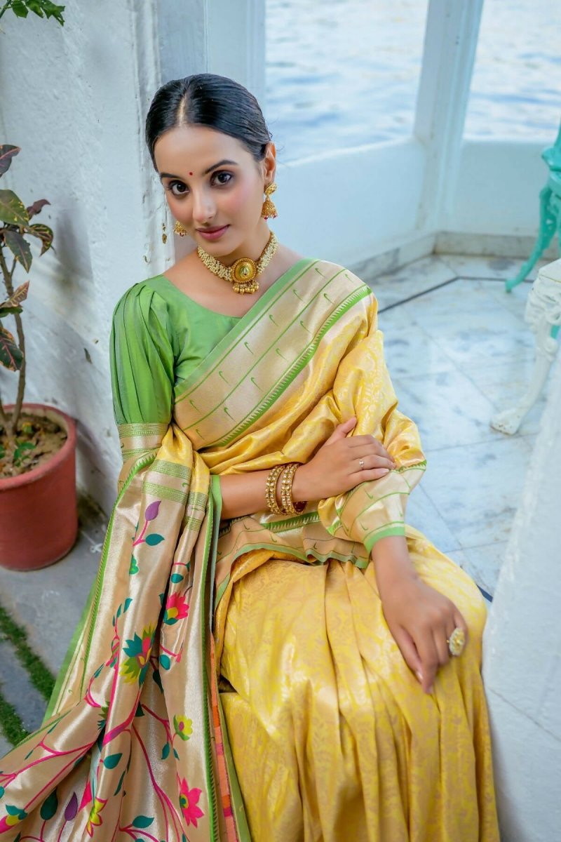 Aastha Fashion Yellow Woven Kanjivaram Silk Saree with Blouse - Grab2buy