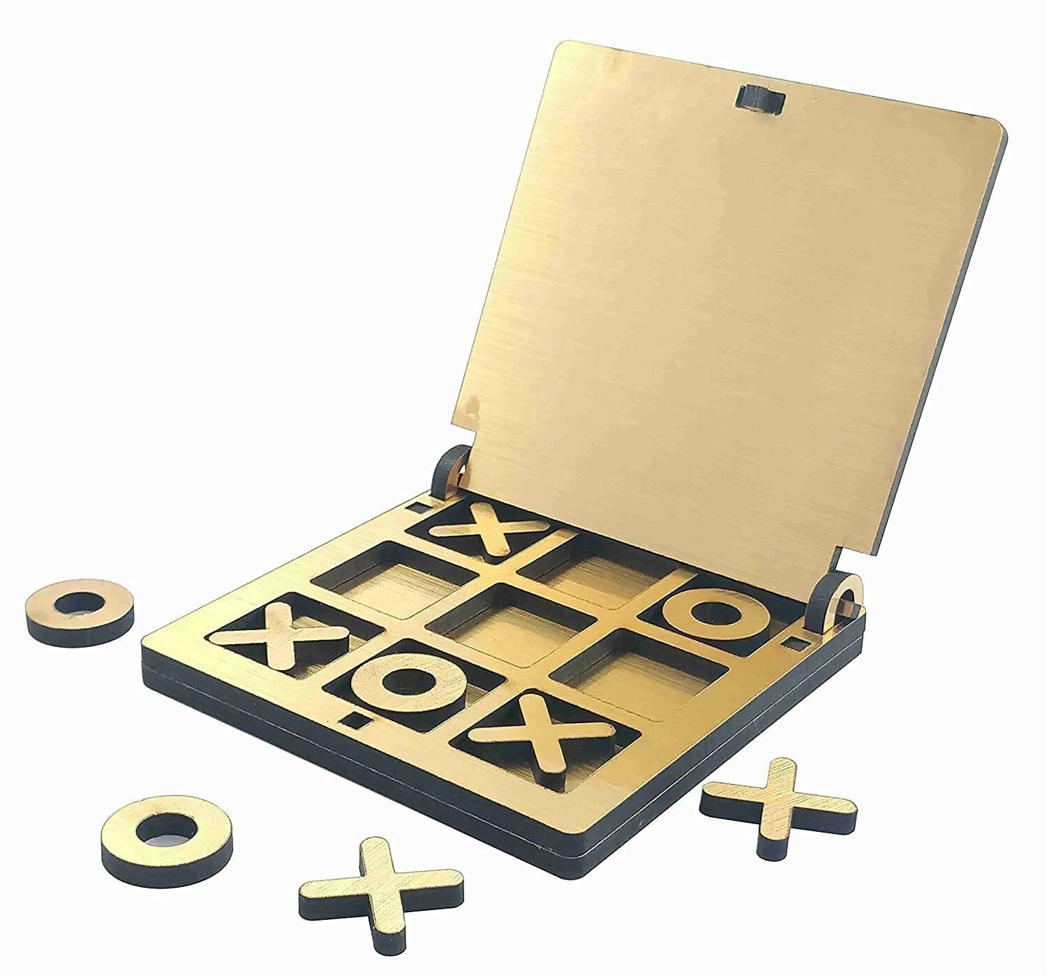 Kraftsman Wooden Tic Tac Toe Portable Game for Kids, Teens and Adults with Golden Mirror Shade Strategy & War Games Board Game - Grab2buy