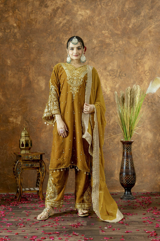 Teeya Creation Yellow Color Velvet Silk Embroidery Work Party Wear Suit Grab2Buy Teeya Creation Grab2Buy