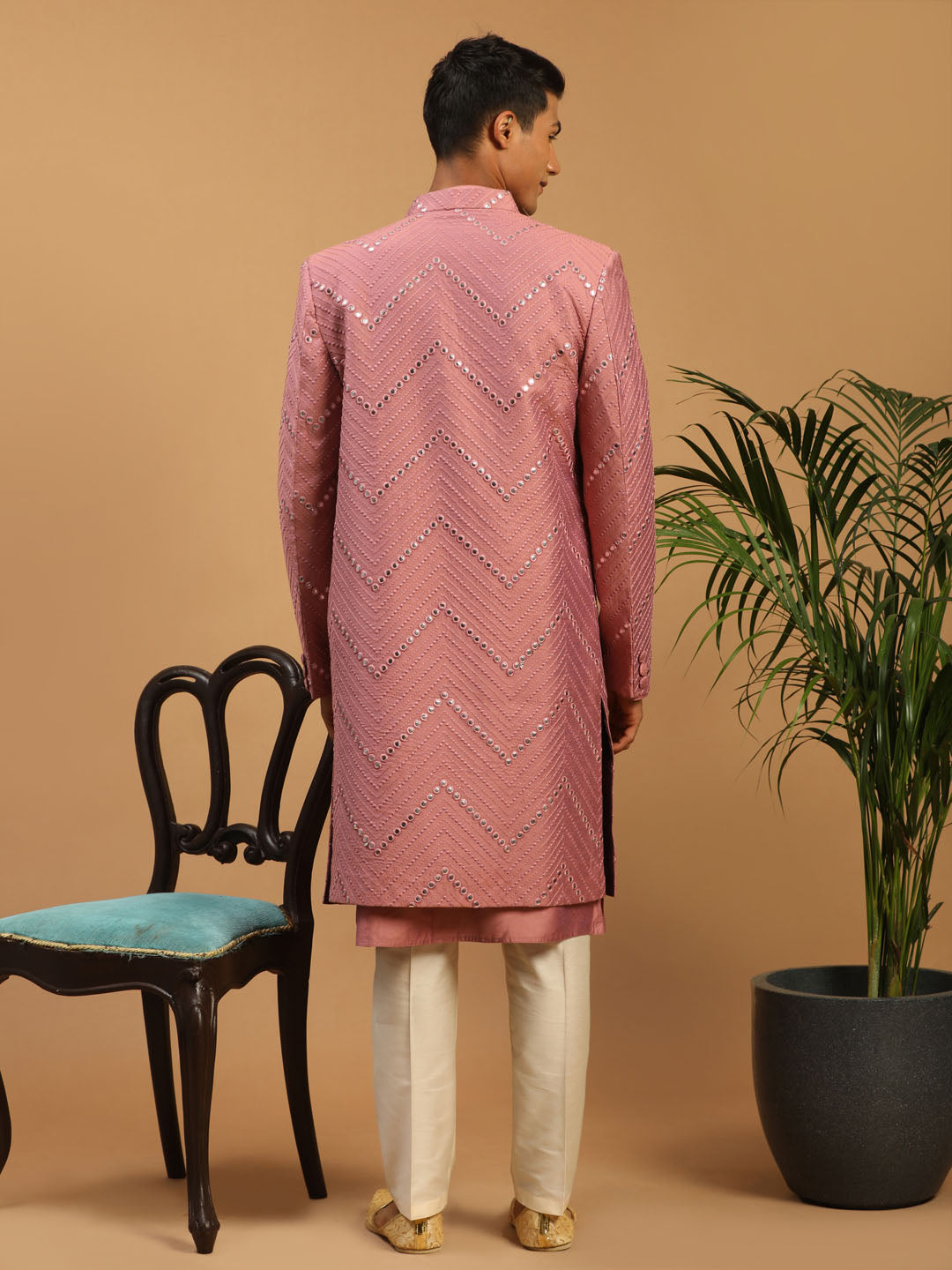 Shrestha By Vastramay Men's Onion Pink And Cream Viscose Sherwani Set - Grab2buy