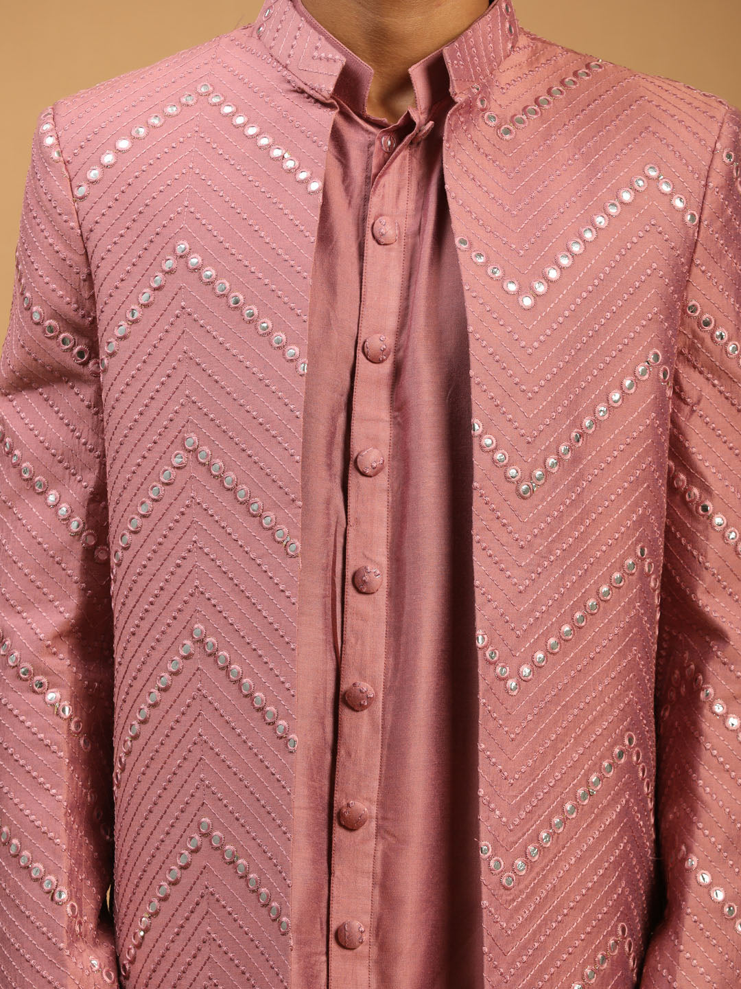 Shrestha By Vastramay Men's Onion Pink And Cream Viscose Sherwani Set - Grab2buy