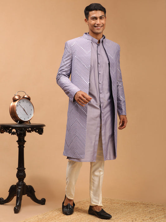 Shrestha By Vastramay Men's Purple And Cream Viscose Sherwani Set - Grab2buy