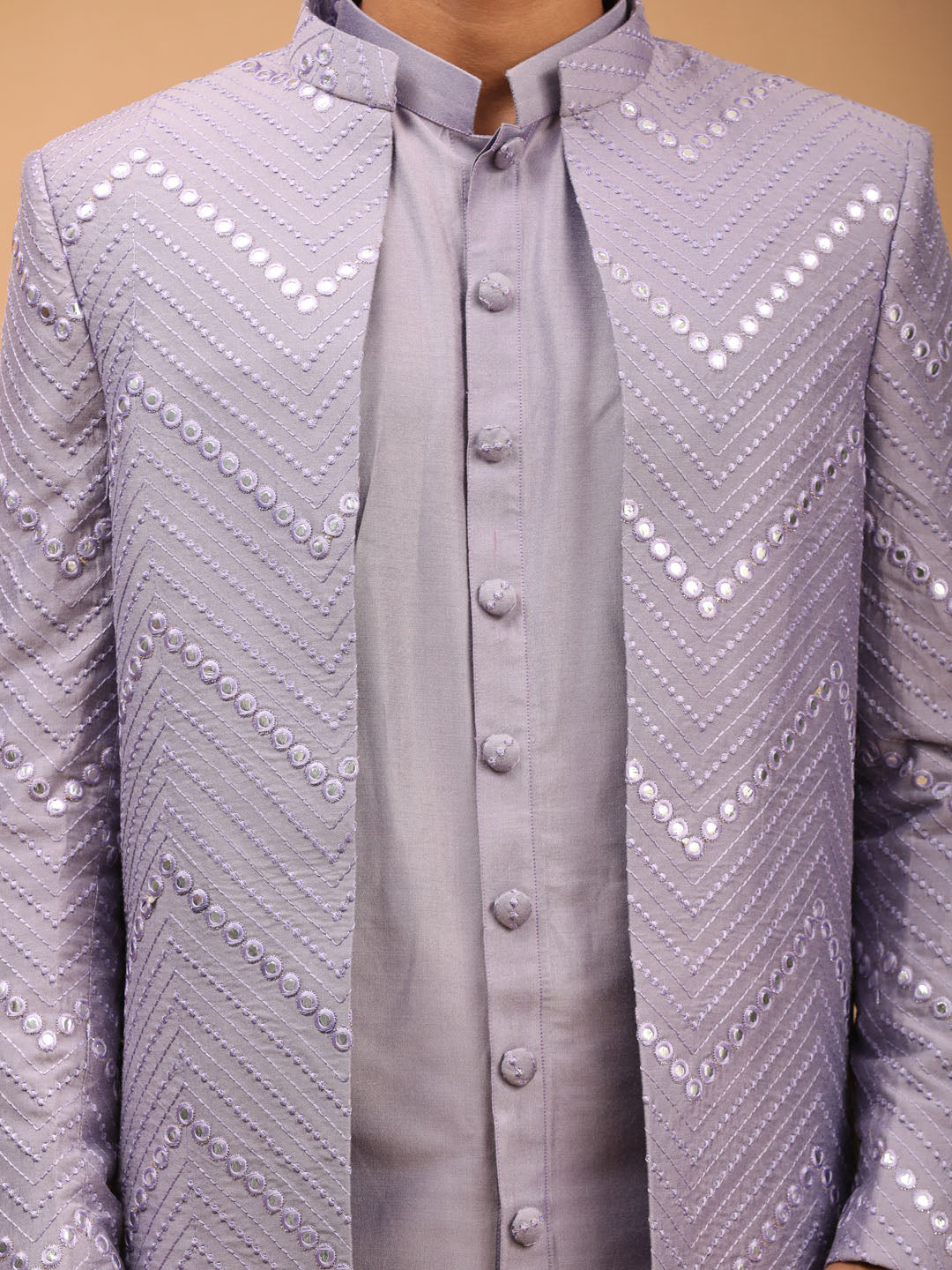 Shrestha By Vastramay Men's Purple And Cream Viscose Sherwani Set - Grab2buy