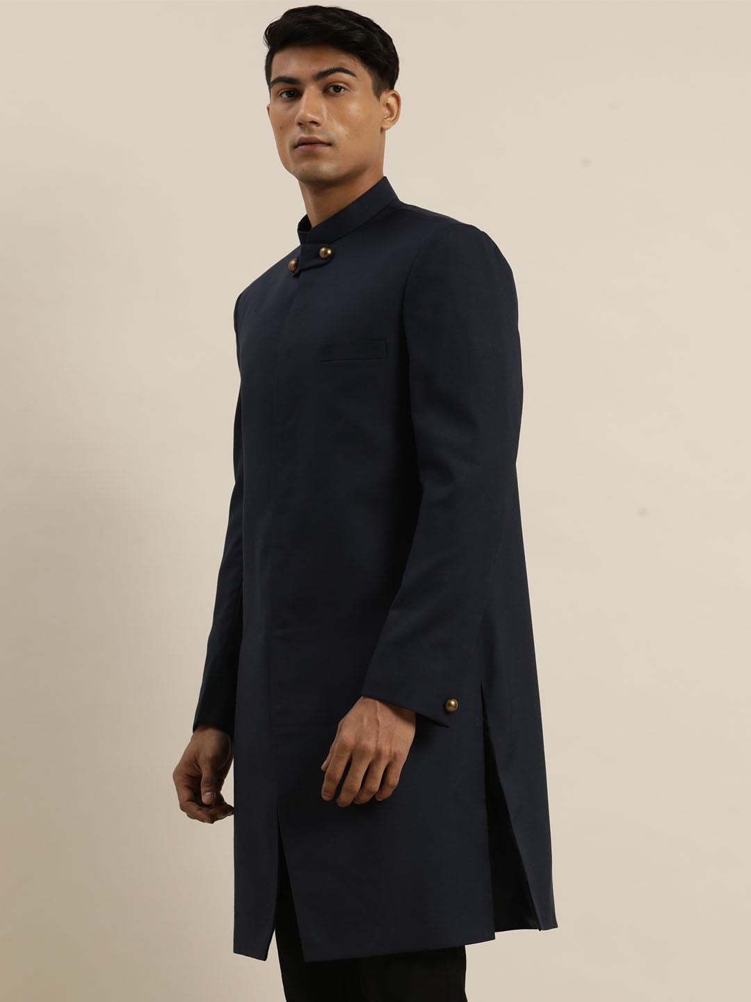 Shrestha By Vastramay Men's Navy Blue Silk Blend Sherwani Only Top - Grab2buy