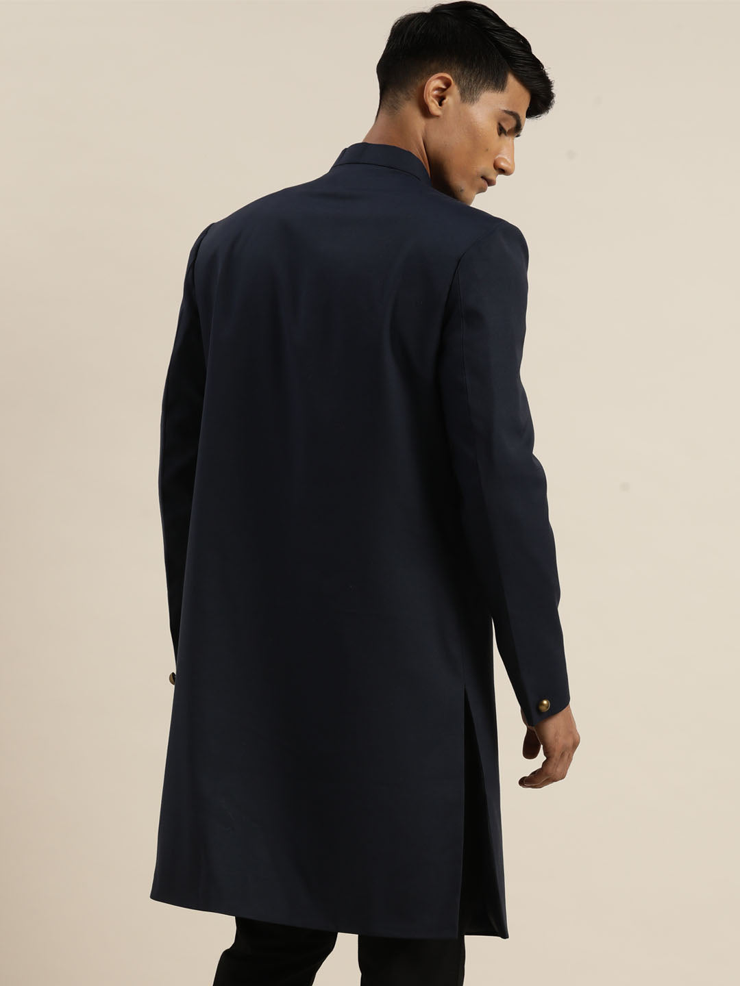 Shrestha By Vastramay Men's Navy Blue Silk Blend Sherwani Only Top - Grab2buy