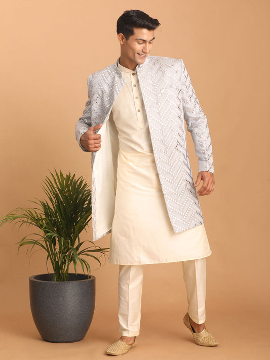 Shrestha by Vastramay Men's Aqua And Cream Silk Blend Ethnic Combo Set - Grab2buy