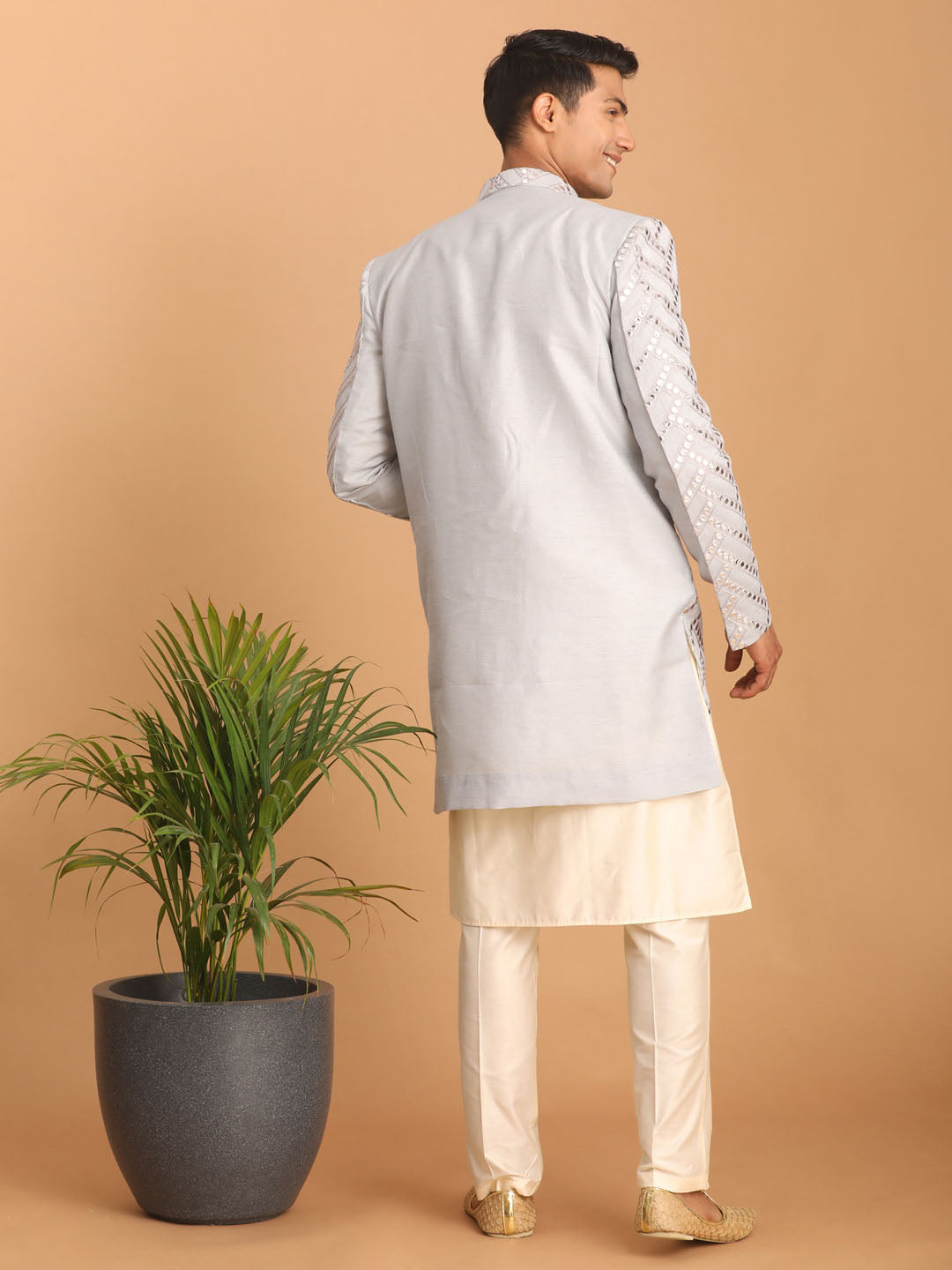 Shrestha by Vastramay Men's Aqua And Cream Silk Blend Ethnic Combo Set - Grab2buy