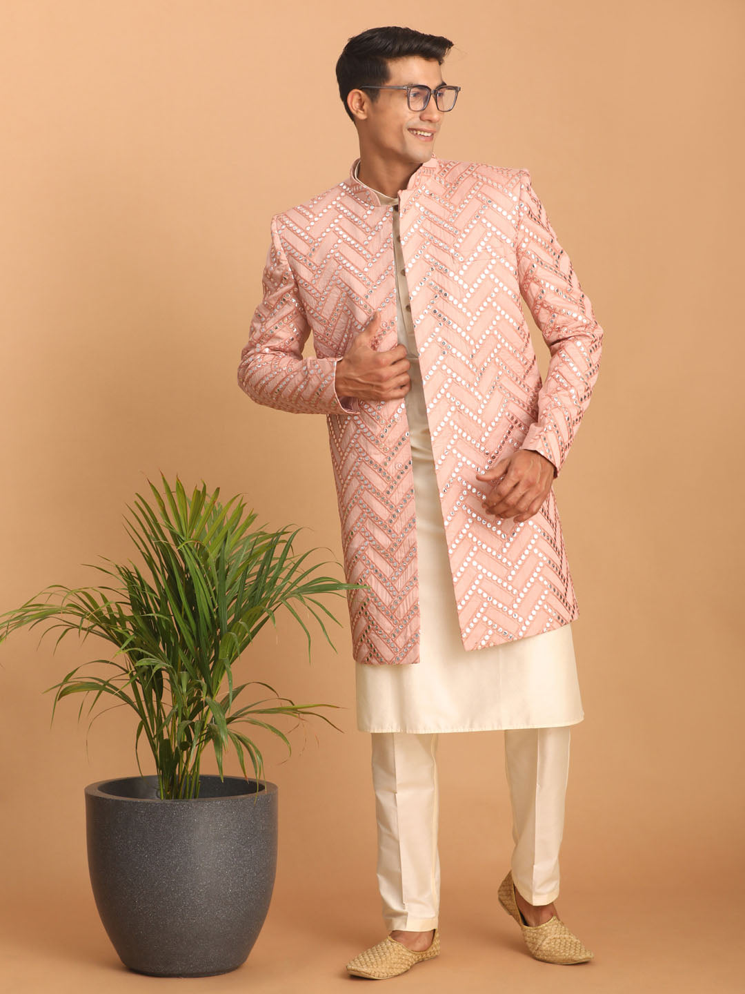 Shrestha by Vastramay Men's Pink And Cream Silk Blend Ethnic Combo Set - Grab2buy