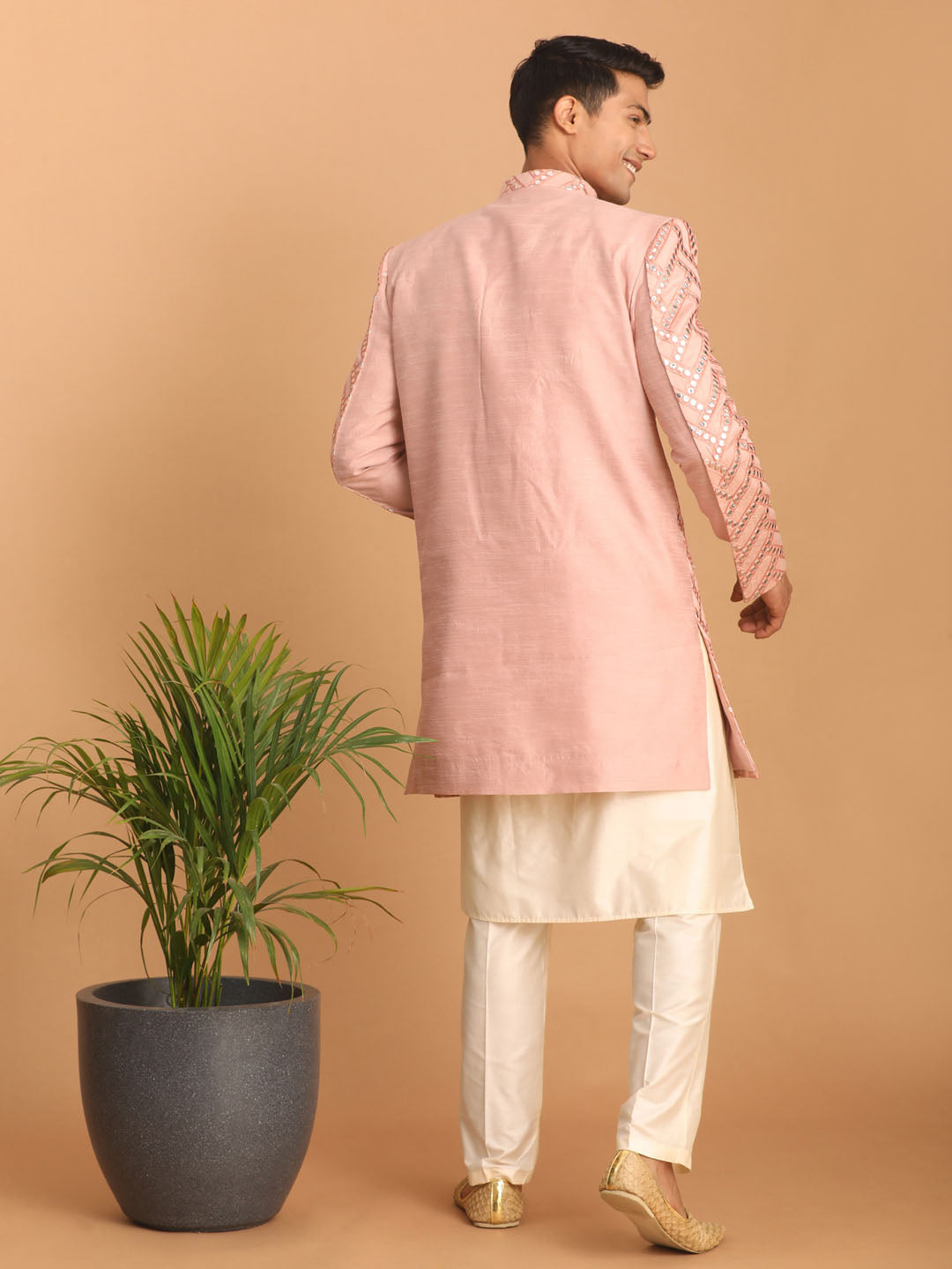 Shrestha by Vastramay Men's Pink And Cream Silk Blend Ethnic Combo Set - Grab2buy
