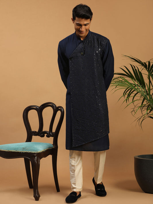 Vastramay Men's Navy Blue & Cream Cotton Blend Kurta & Pyjama - Grab2buy