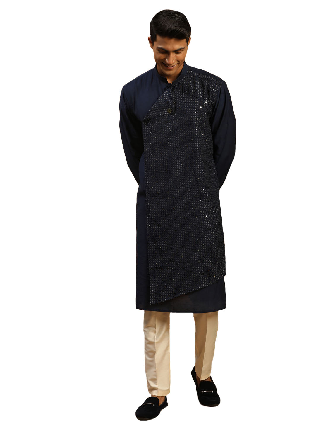 Vastramay Men's Navy Blue & Cream Cotton Blend Kurta & Pyjama - Grab2buy