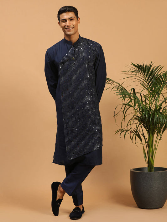 Vastramay Men's Navy Blue Cotton Blend Kurta & Pyjama - Grab2buy