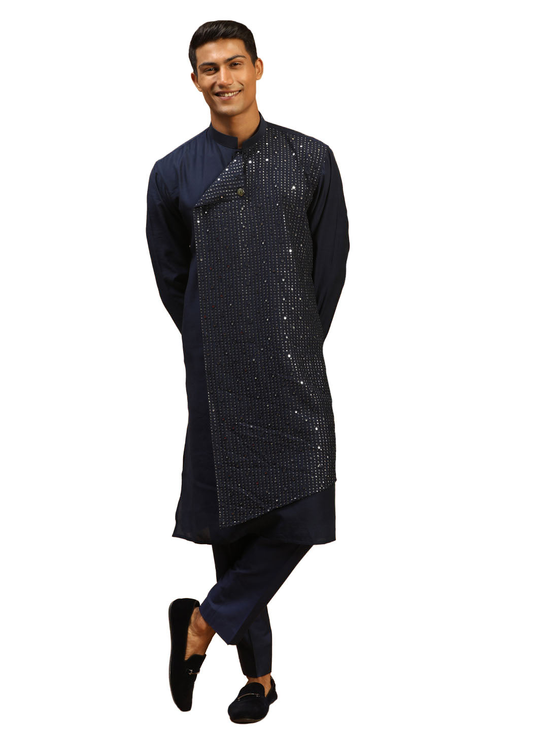 Vastramay Men's Navy Blue Cotton Blend Kurta & Pyjama - Grab2buy