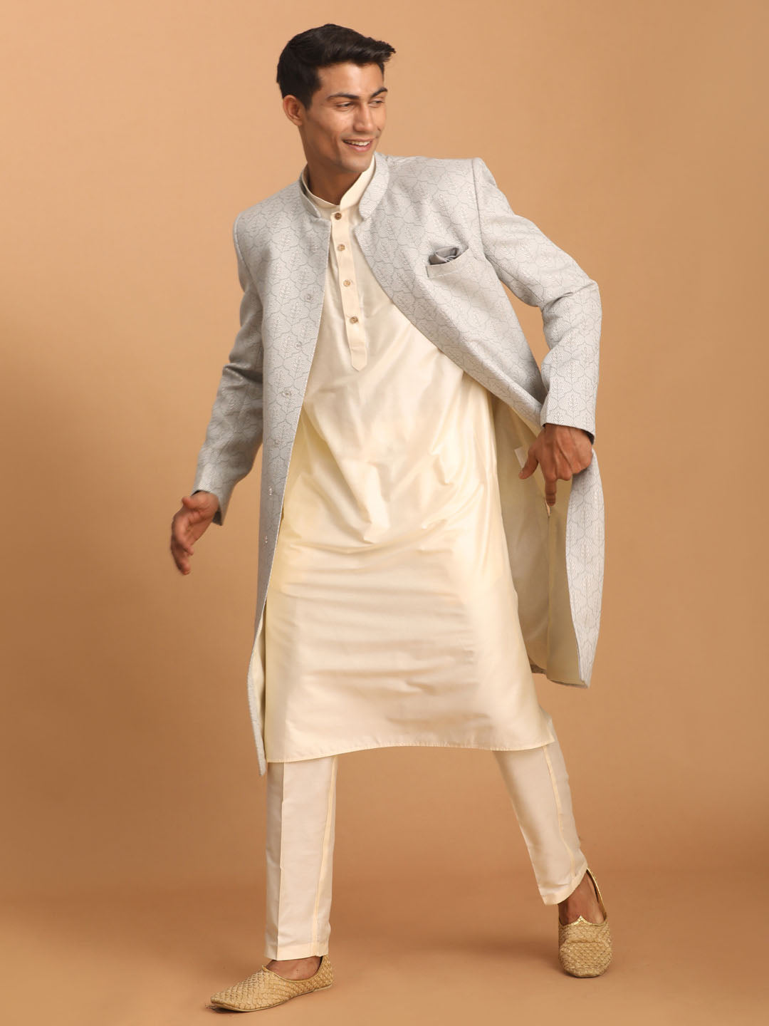 Shrestha by Vastramay Men's Grey And Cream Cotton Blend Ethnic Combo Set - Grab2buy