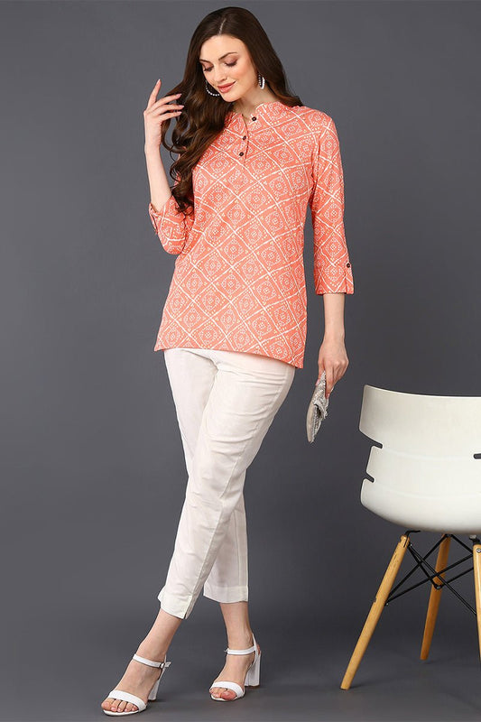 Ahika Peach Cotton Blend Bandhani Printed Straight Tunic