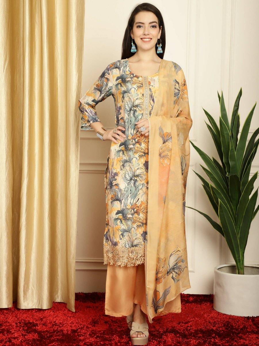 Aastha Fashion Women's Multicolor Muslin Digital Printed with Embroidered Lace work Kurta with Trouser & Dupatta - Grab2buy
