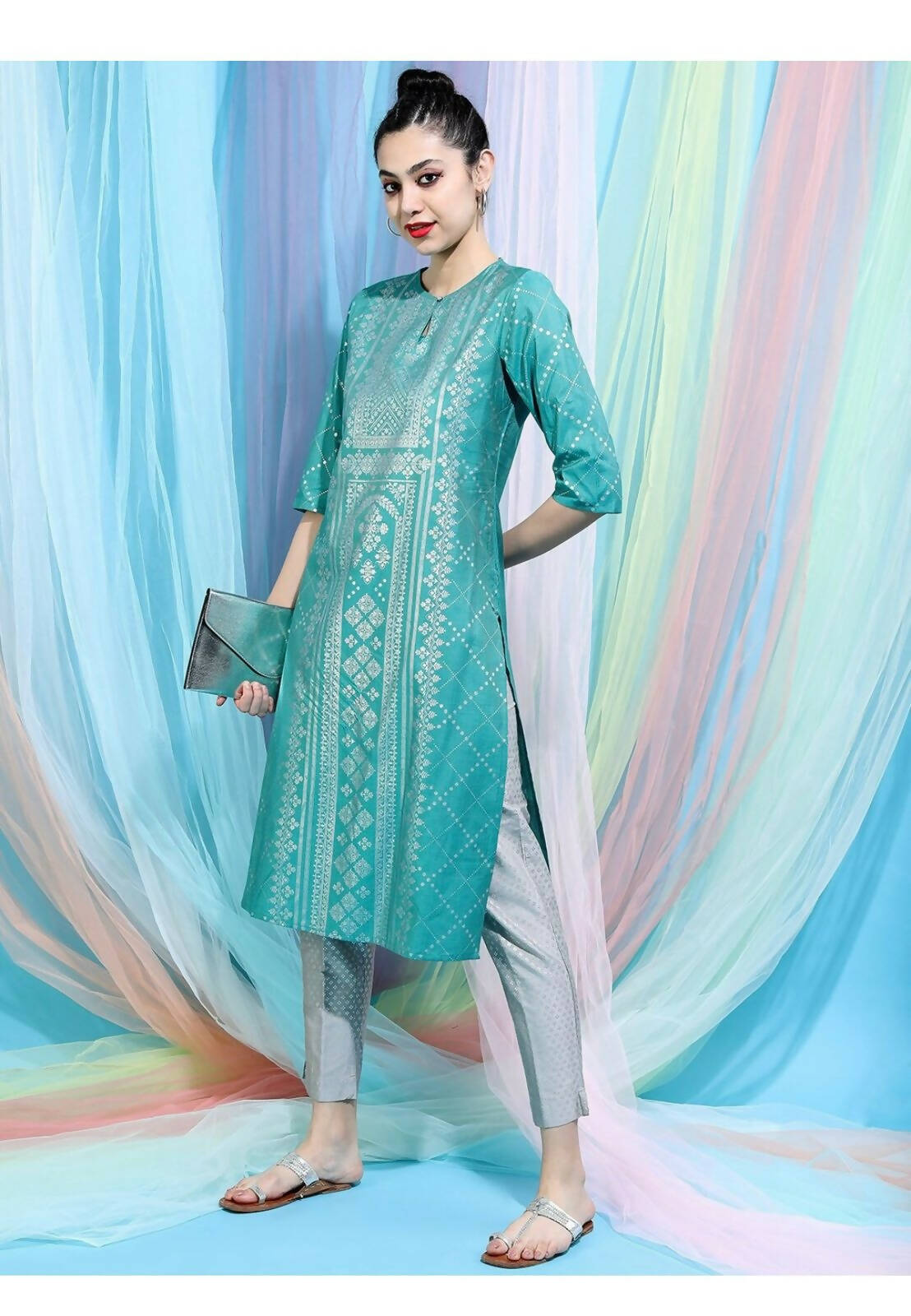 Cheera Embellished Daily Wear Cotton Blend Kurta - Turquoise Green - Distacart