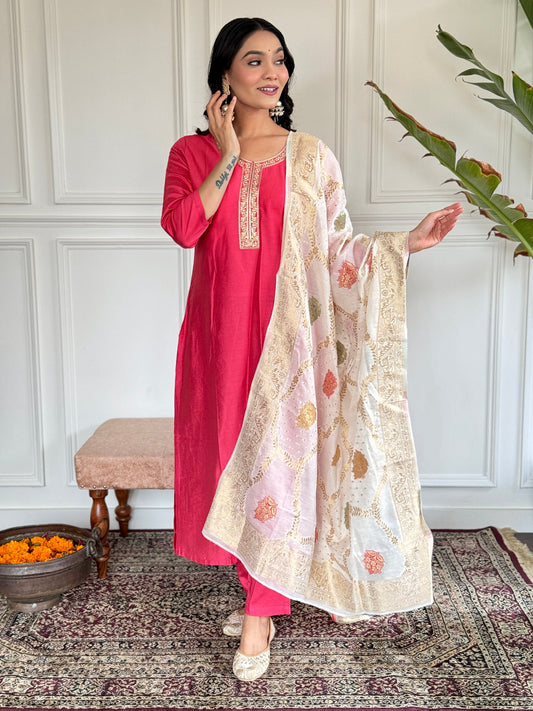 Teeya Creation Pink Colour Viscose Chanderi Embroidery Work Fully Stitched Kurti Set